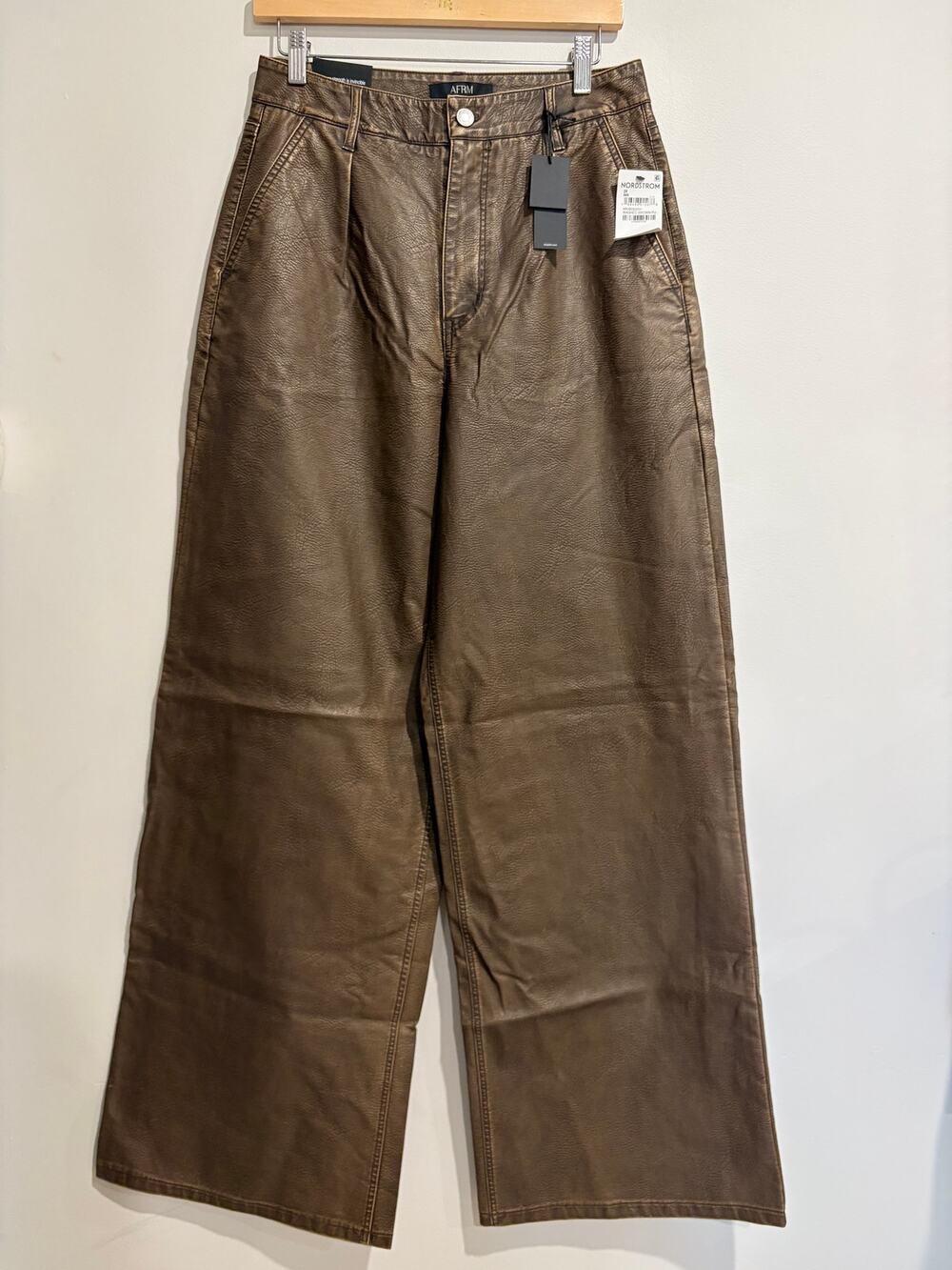 NWT AFRM Beckham Faux Leather High Rise Wide Leg Pants Washed Brown Womens 28